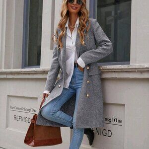 Solid Color Double-Breasted Long Sleeve Coat, Elegant